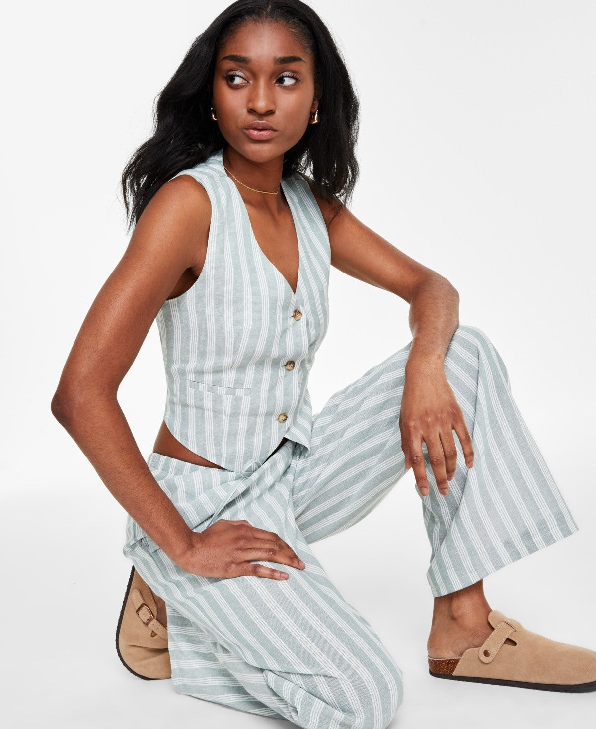 Hippie Rose Juniors' Sleeveless Linen Vest - Blue Stripe