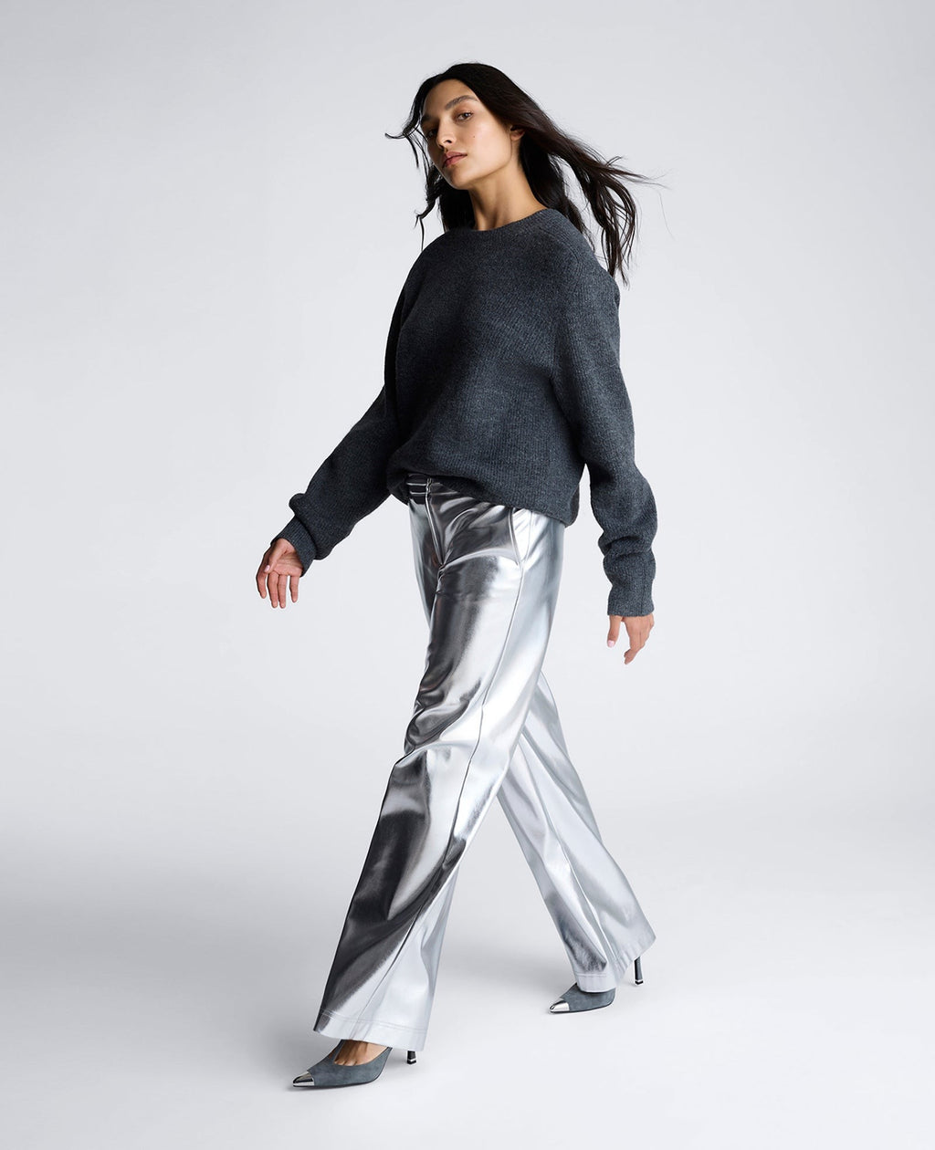 Kenneth Cole | Vegan Metallic Fly Front Mid Rise Wide Leg Pant