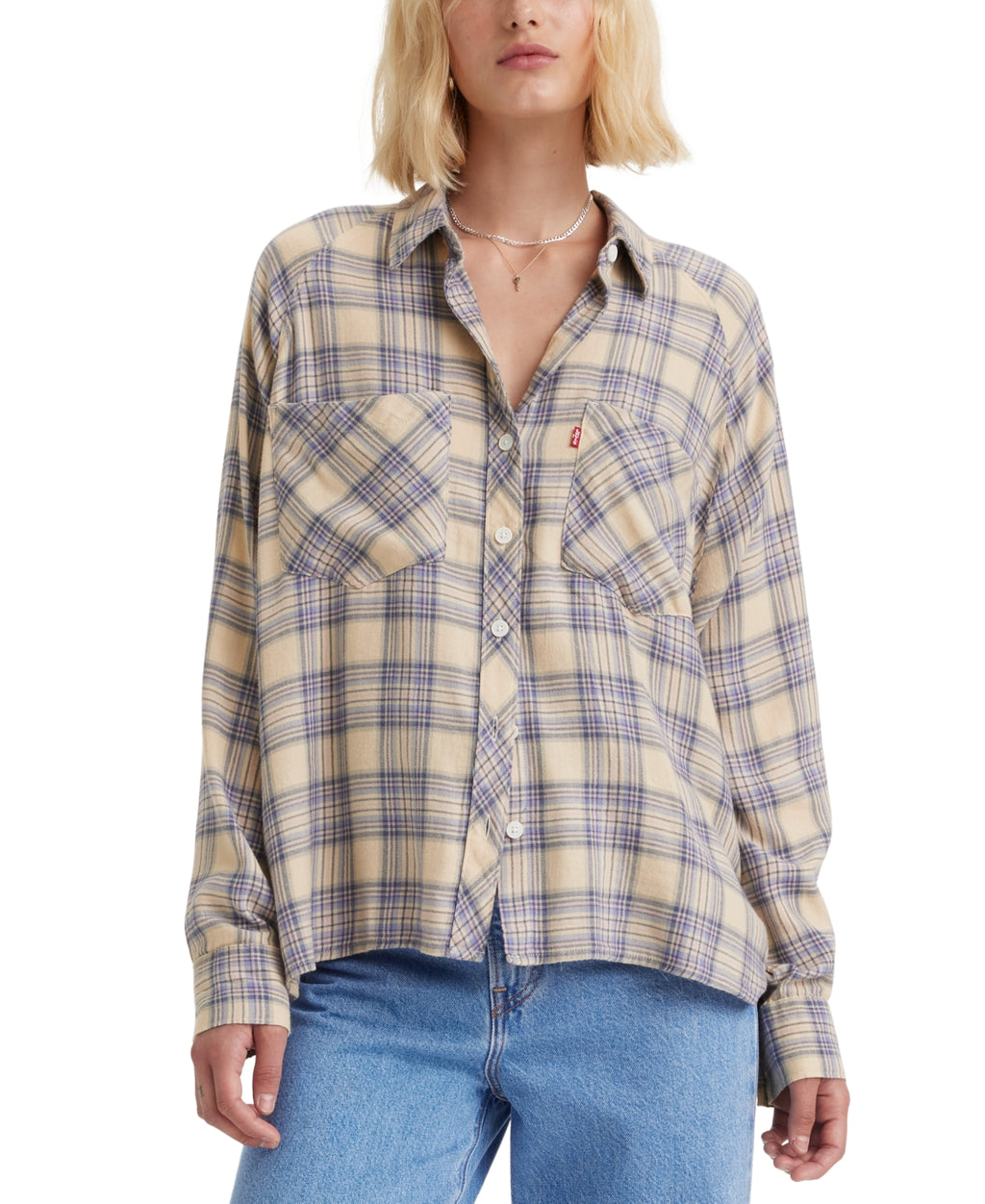Levi's Size XS Pink Blue Button Down Harrison Raglan Shirt- Clayton Plaid Indigo