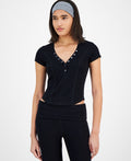 ultra flirt Size XL Ribbed Cropped Henley Short Sleeve - Black