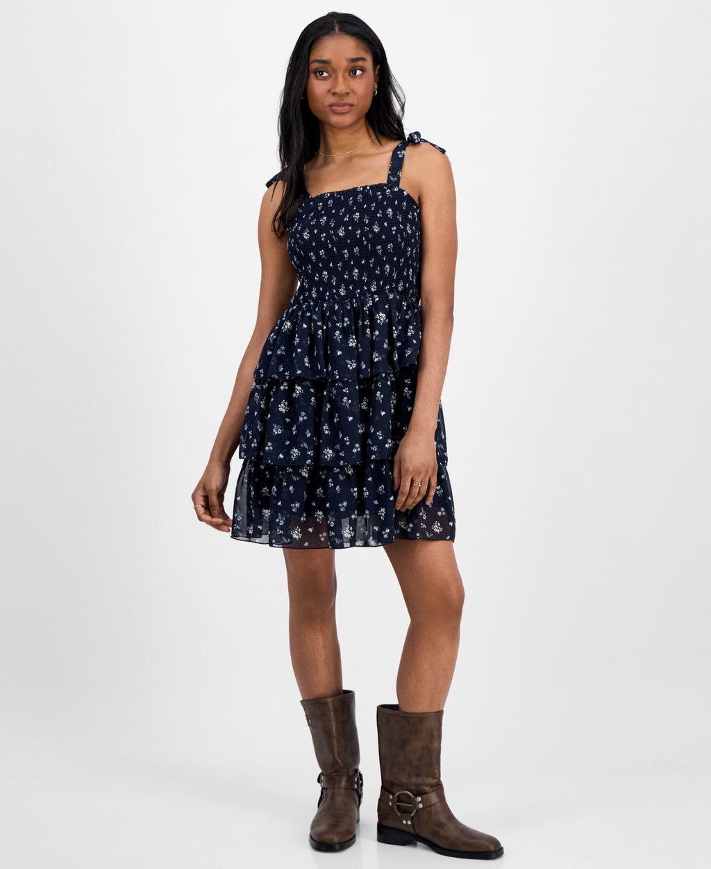 Celebrity pink Size M Juniors' Floral-Print Smocked Tiered Chiffon Mini Dress -