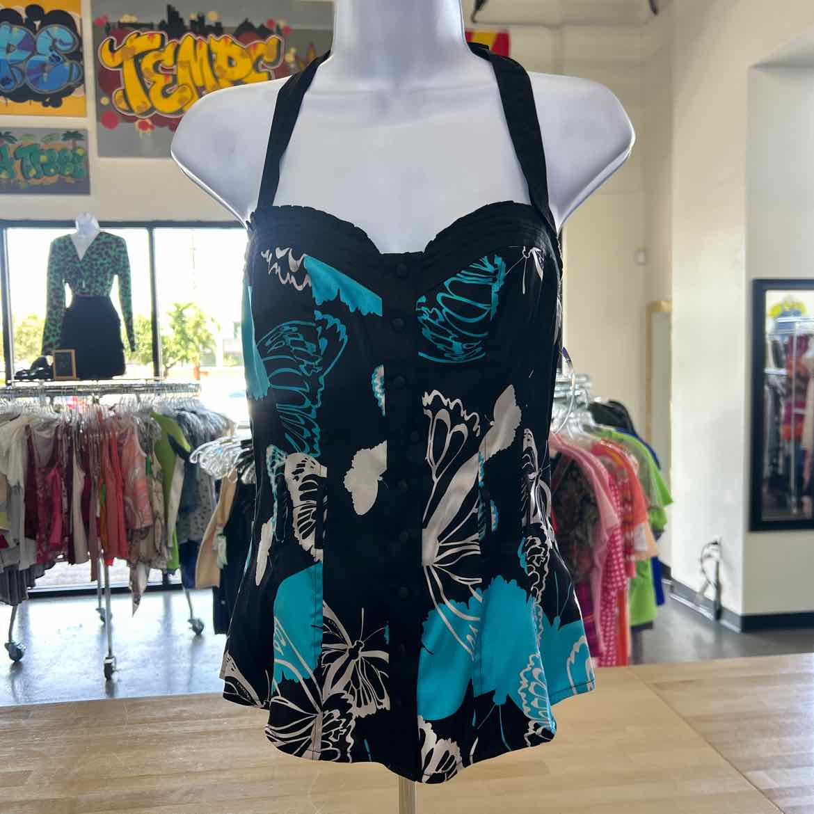 Bebe Size XS Blue Black Silk Preloved Halter