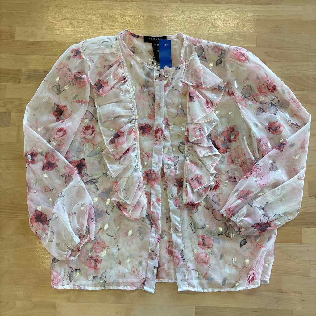 Beulah Size S Pink Print 2 pc Cascade Ruffle Neck Bishop Sleeve Top & Skirt NWT