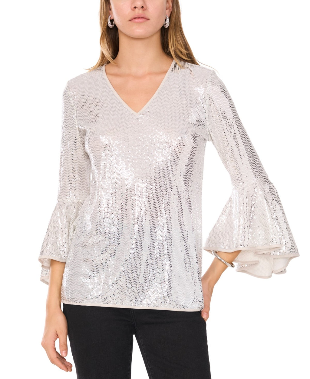 Vince Camuto Size L Silver Sequined Blouse