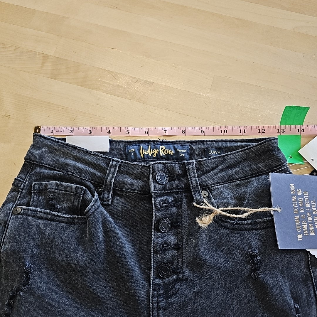 Indigo Rein Juniors' High-Rise Destucted Curvy Crop Jeans - Black