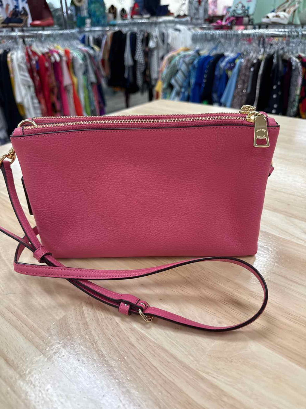 Coach Pink Lyla Double Zip Crossbody Pebbled Leather Preloved Handbag