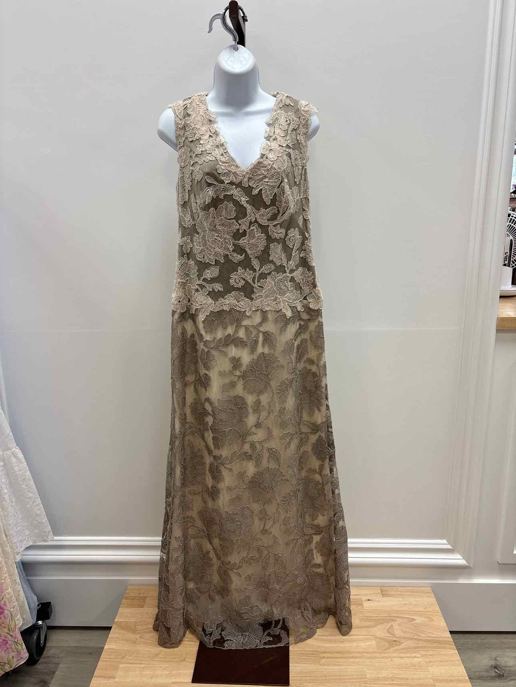 Tadashi Shoji Size 10 Sano Cream and Taupe Embroidered Preloved Sleeveless Dress