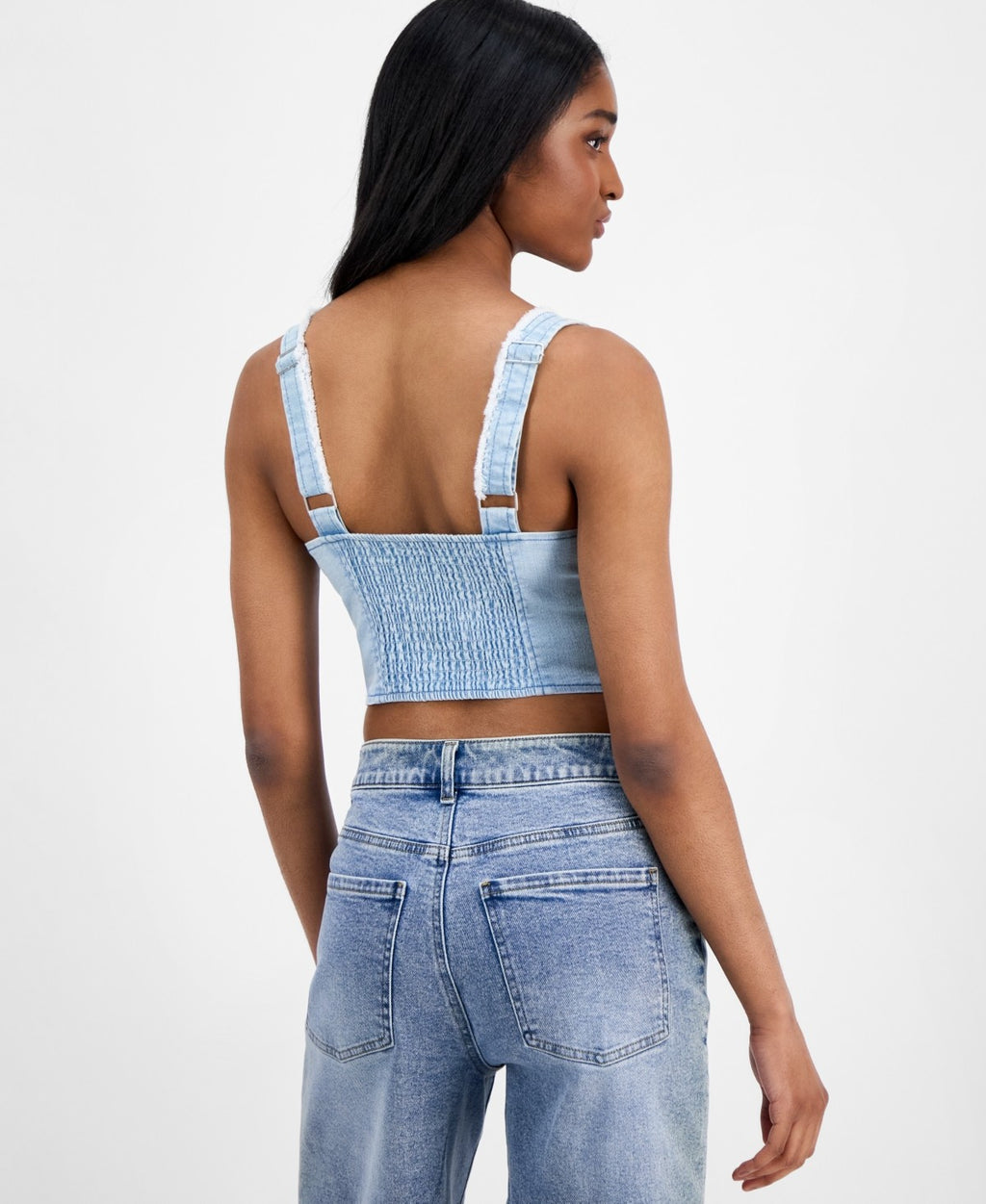 TINSELTOWN Size M Fray-Trimmed Cropped Denim Corset-Style Top - Light Wash