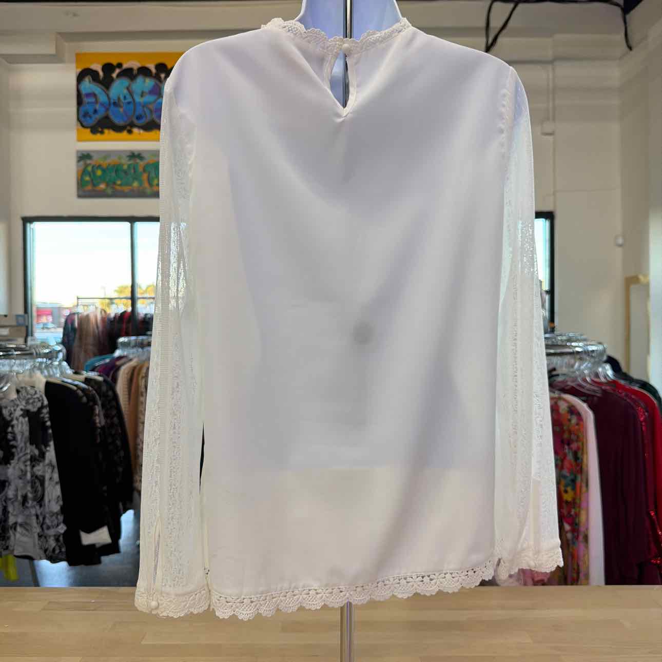 Allegra K Size S White Lace Sheer Preloved Blouse