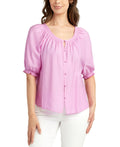 BCX Size L Puff-Sleeve Button-Front Knit Top