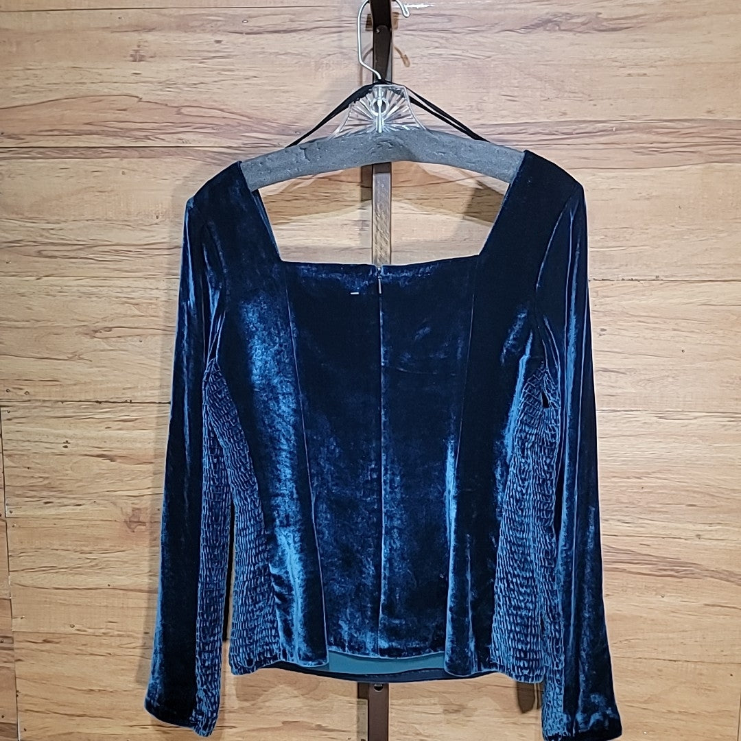 Rebecca Taylor Size 4 Teal Ruched Velvet Knit Top NWT