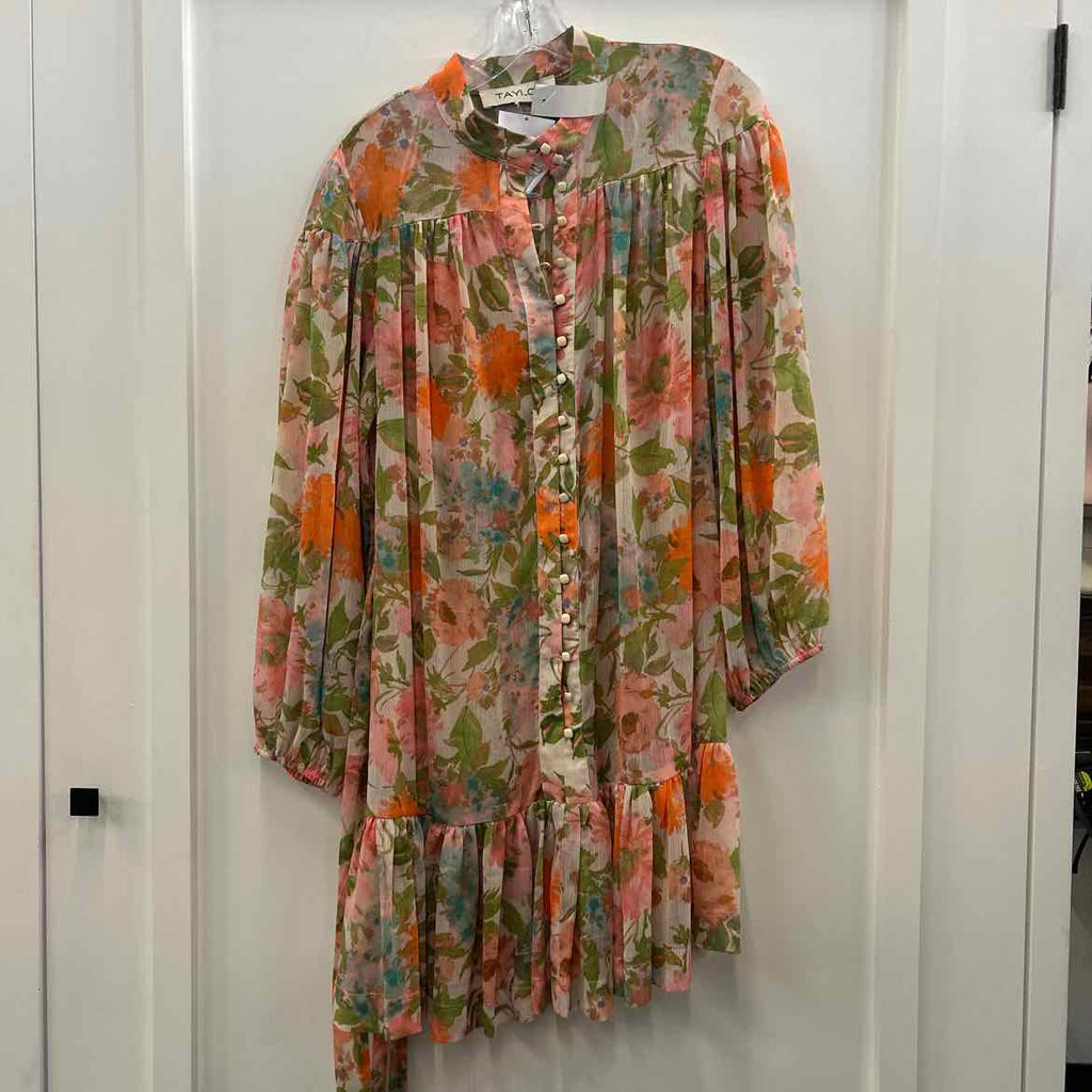 Taylor Women's Printed Button-Front Long-Sleeve Dress - Peach Cobbler - Size 12