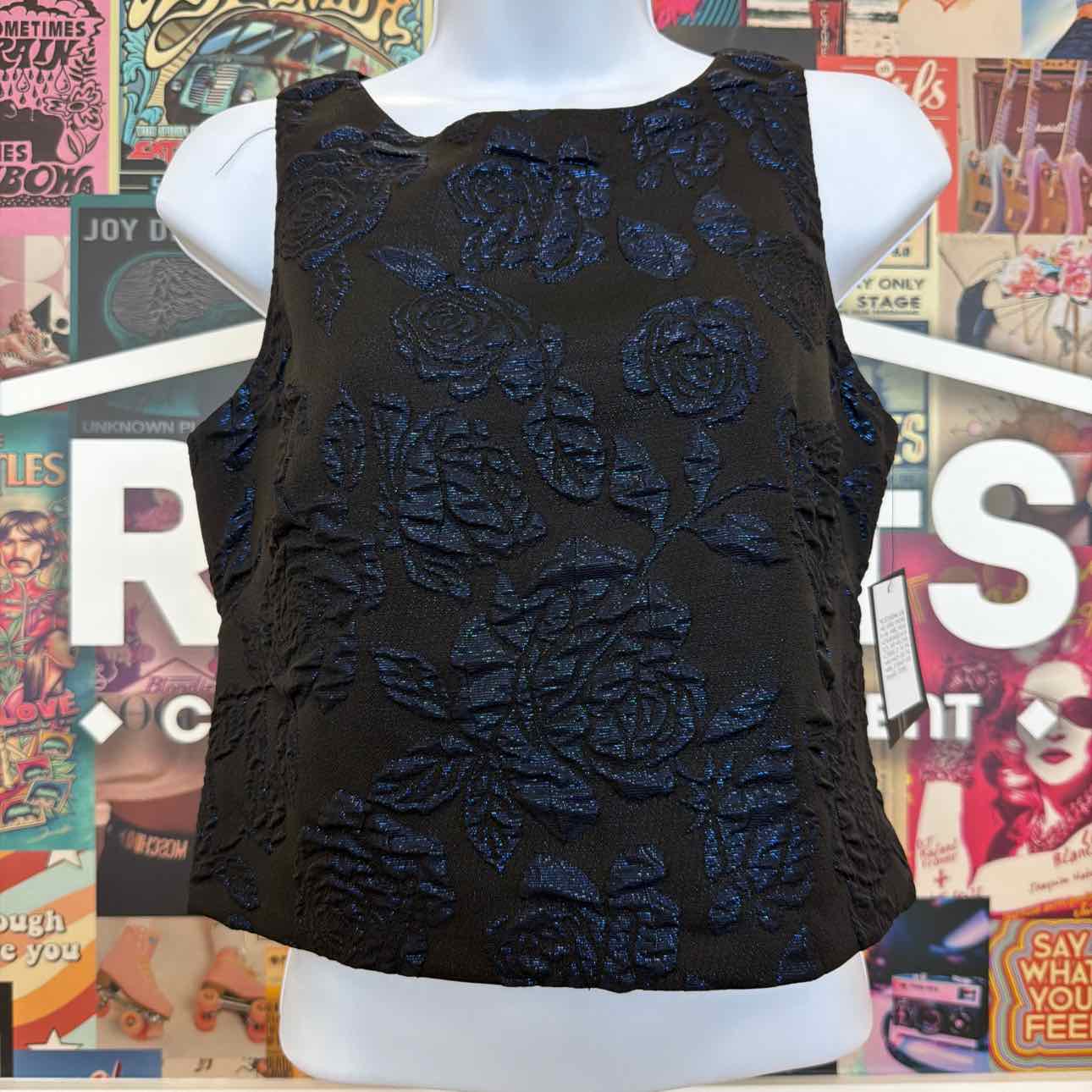 Muse Size 2 Textured-Rose Sleeveless Top - Black Blue