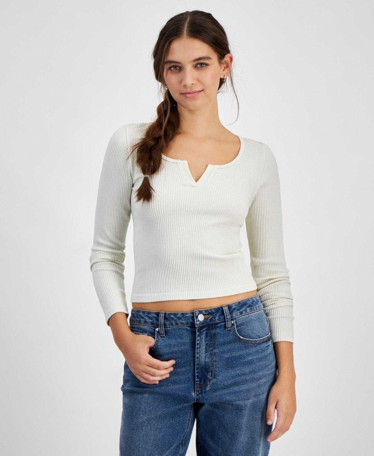 hippie rose Size XS Notched Neck Glitter Ribbed Long Sleeve - Winter White