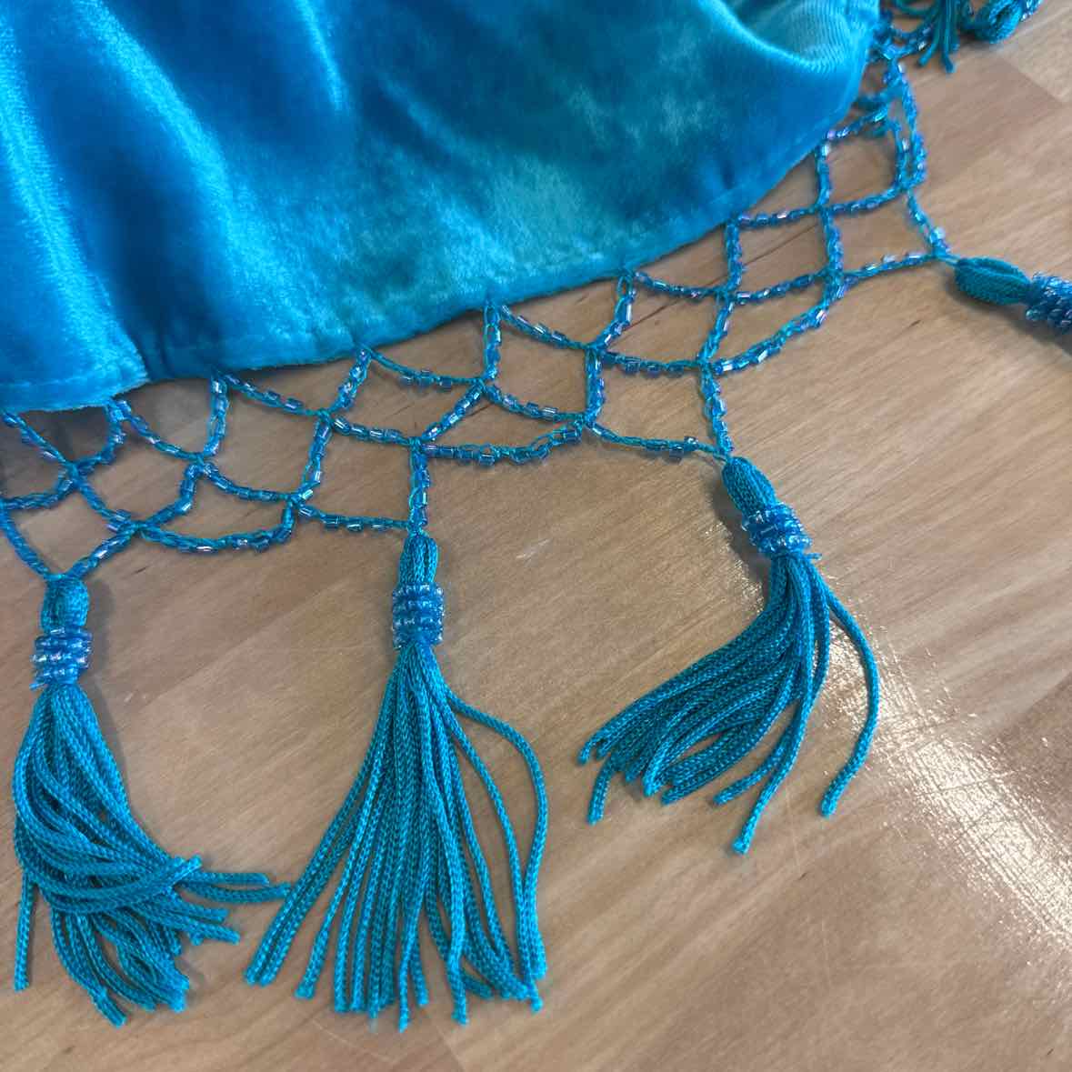 Blue Turquoise Velvet and Beaded Duster with Peacock Floral Pattern