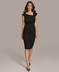 Donna Karan Size 10 Asymmetric-Neck Cap-Sleeve MIDI Dress - Black NWT