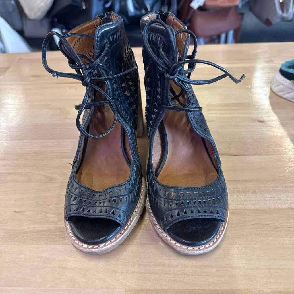 Jeffrey Campbell Size 6 Cordillo Black Laser Cut Leather Tie Front Bootie  Heels