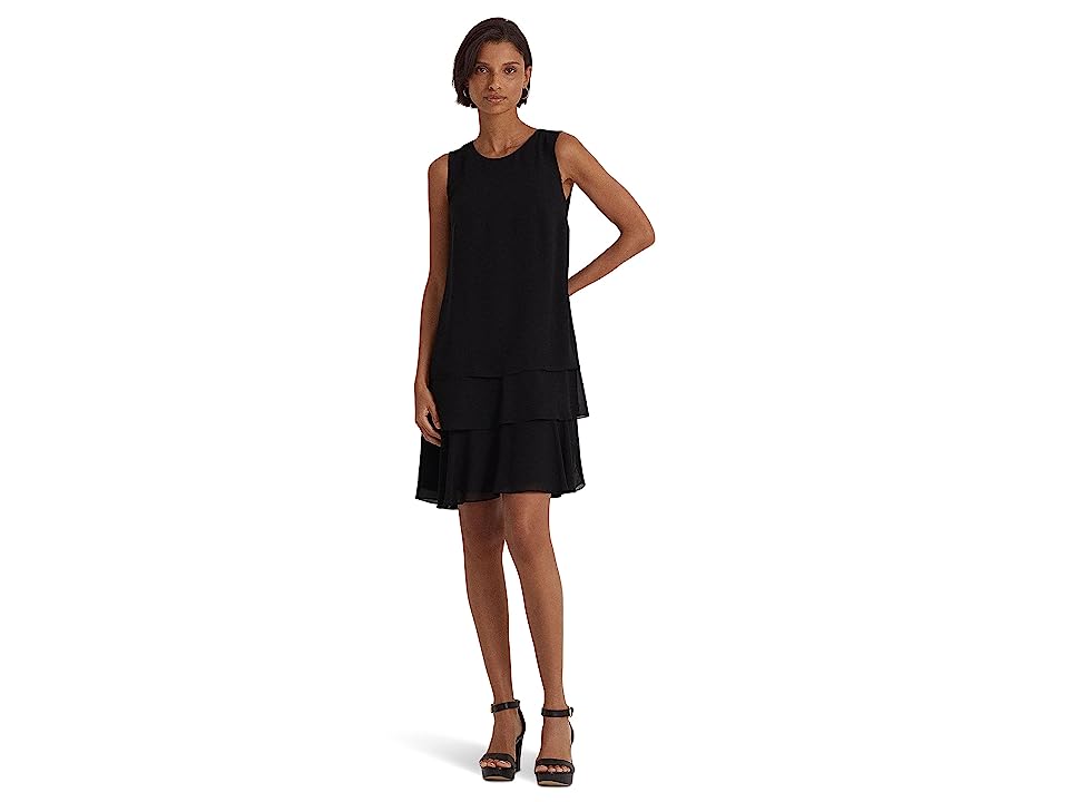 Lauren Ralph Lauren Womens Crinkle Georgette Dress Black 4