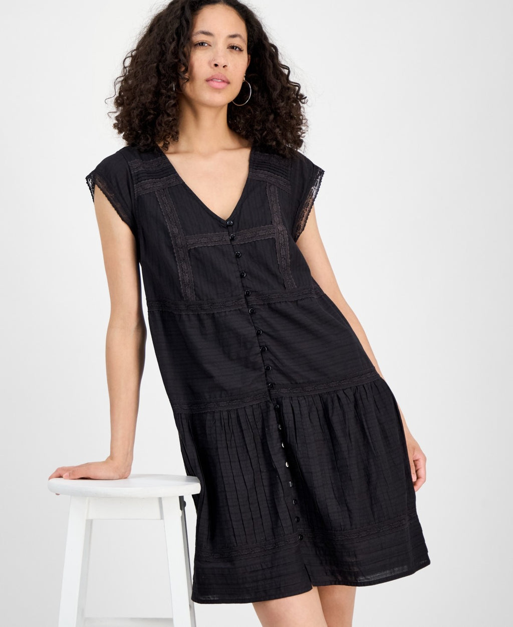 Lucky Brand Women's Cotton Button-Front Lace Mini Dress - Meteorite