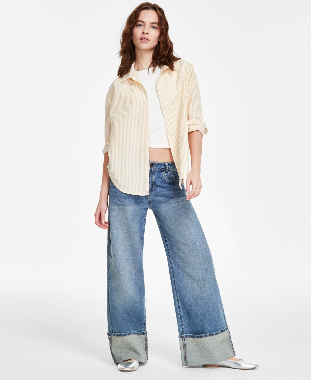 Madden Girl Juniors' High-Rise Slouchy Wide-Leg Cuffed Jeans - Medium Wash - 5