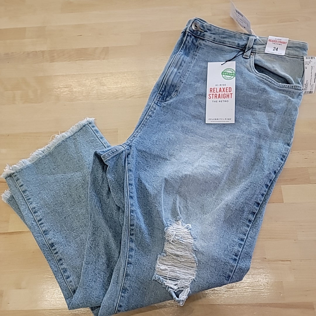 Celebrity Pink Womens High Rise Frayed Hem Straight Leg Jeans