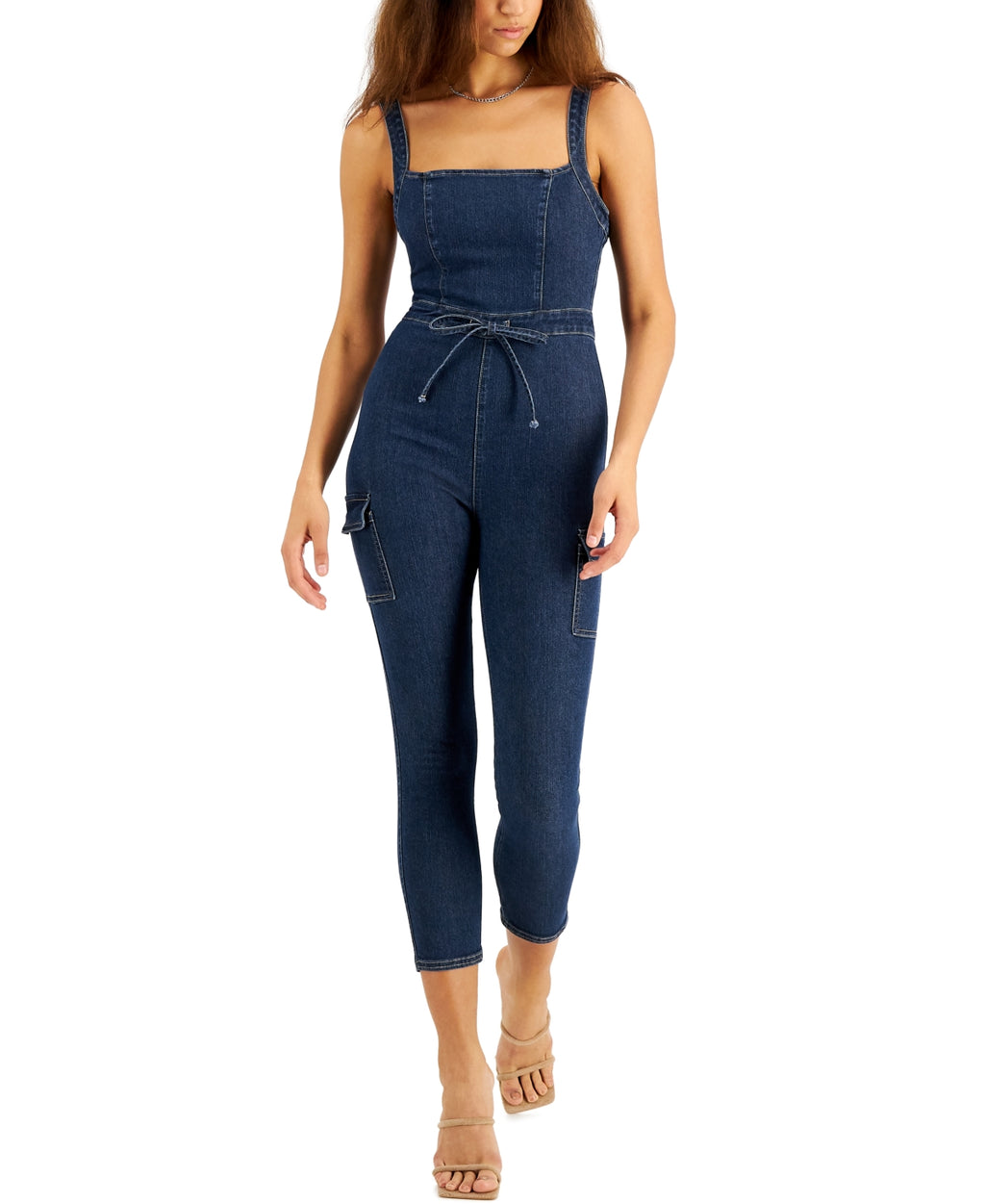 TINSELTOWN Size XL Juniors' Belted Denim Jumpsuit with Ruffle - Dark Wash