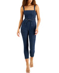 TINSELTOWN Size XL Juniors' Belted Denim Jumpsuit with Ruffle - Dark Wash