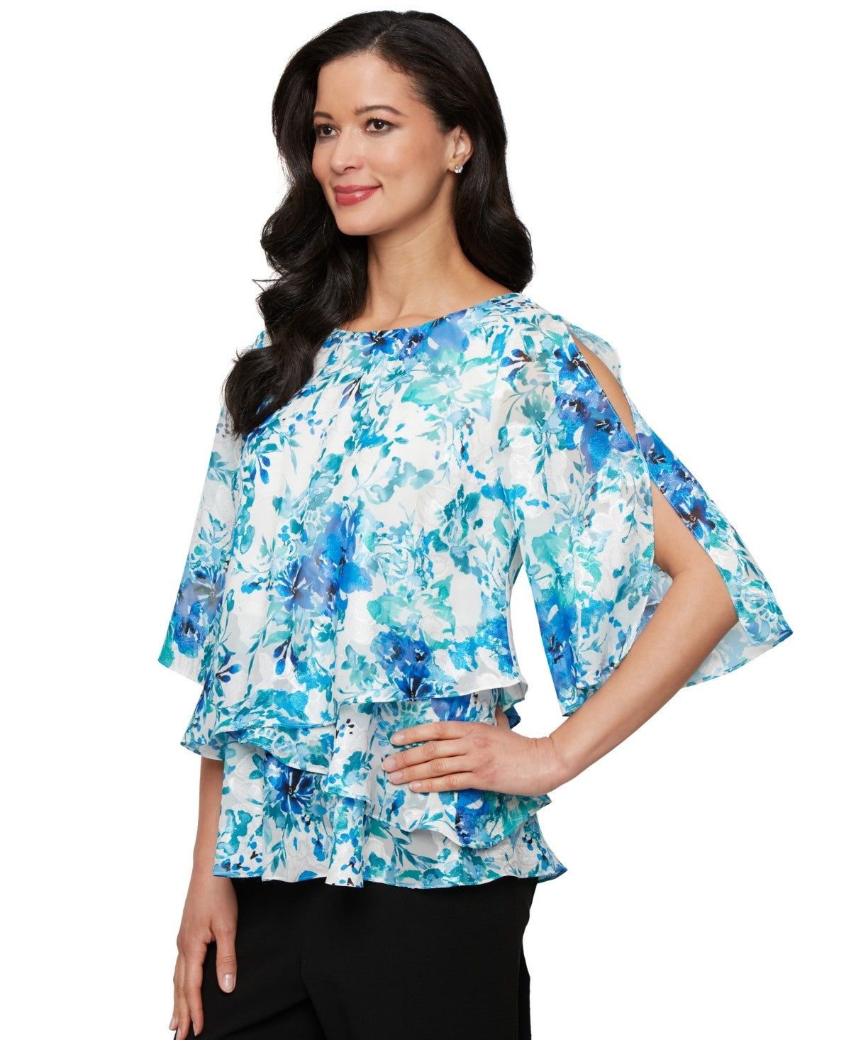 Alex Evenings Women's Printed Tulip-Hem Chiffon Burnout Blouse - Ivory Multi