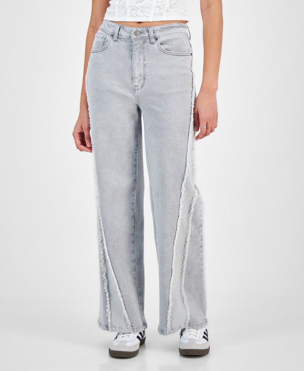 Tinseltown Juniors' High-Rise Frayed Wide-Leg Jeans - Grey - 13