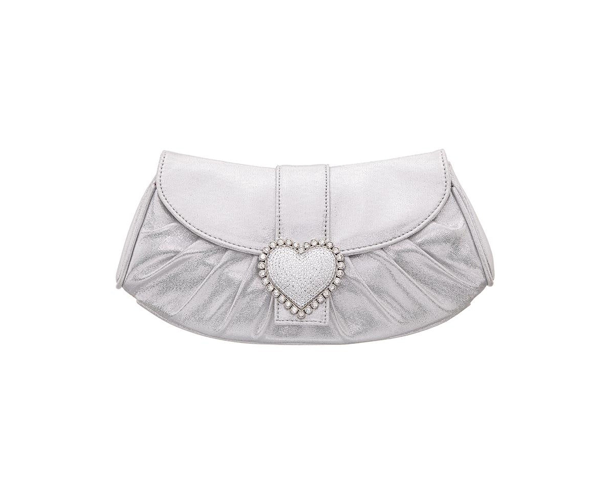 Nina Crystal Heart Adorned Clutch Handbag - True Silver