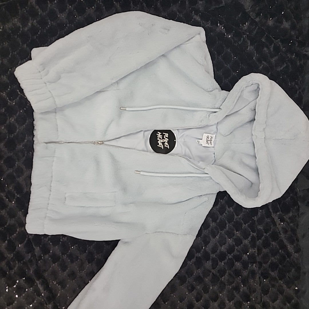 Planet Heart Size L Faux-Fur Cozy Zip-Front Jacket - Blue Opal