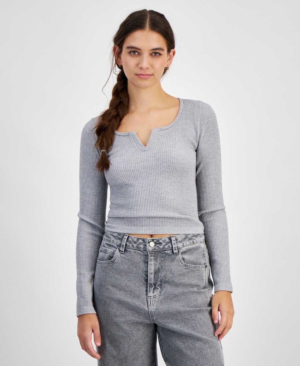 hippie rose Size S Notched Neck Glitter Ribbed Long Sleeve - Light Heather Grey