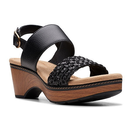 Clarks Size 8 Seannah Step Woven Strap Clog-Style Platform Sandals - Black Combi