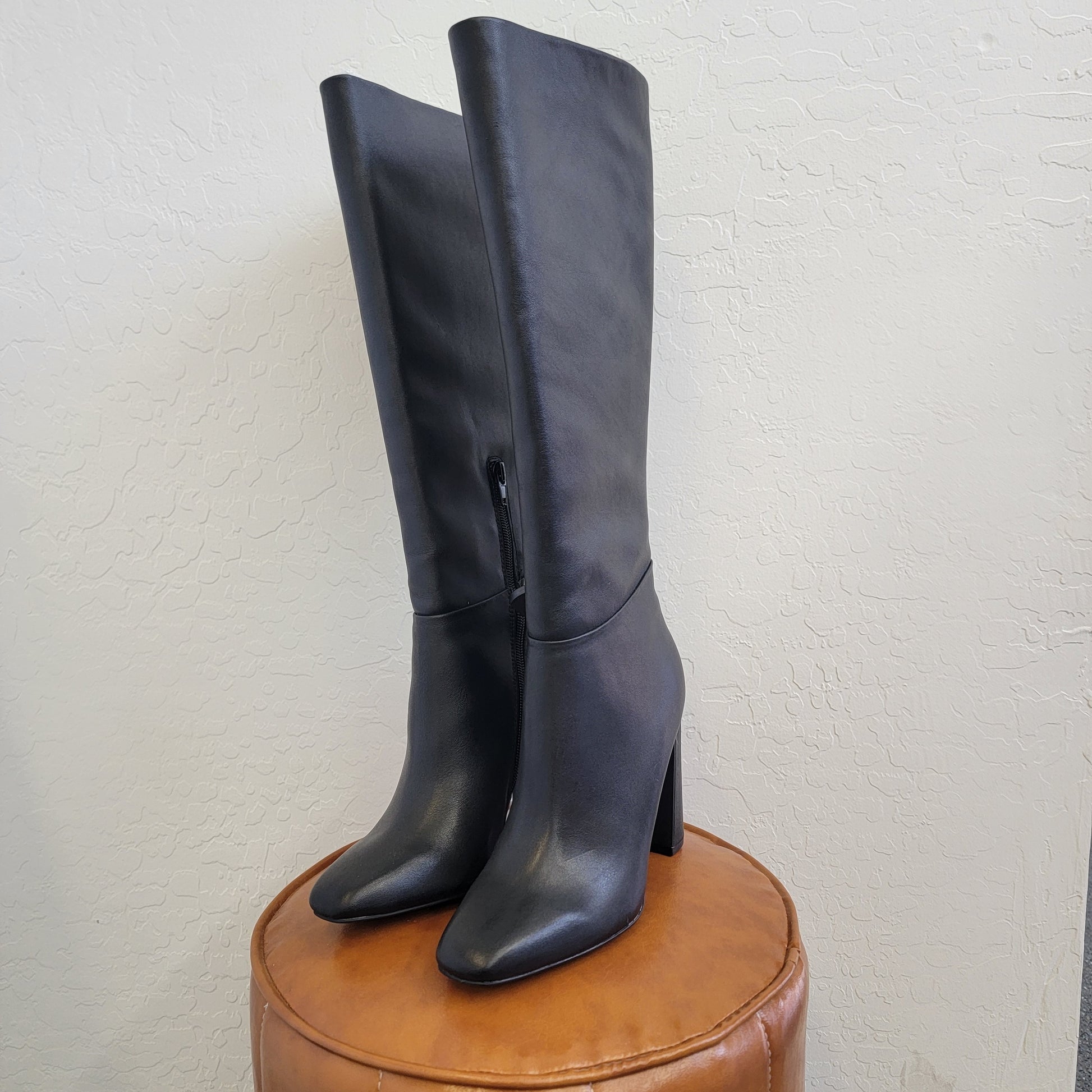 Steve Madden Ally Knee High Block-Heel Dress Boots - Black Leather SZ 9.5