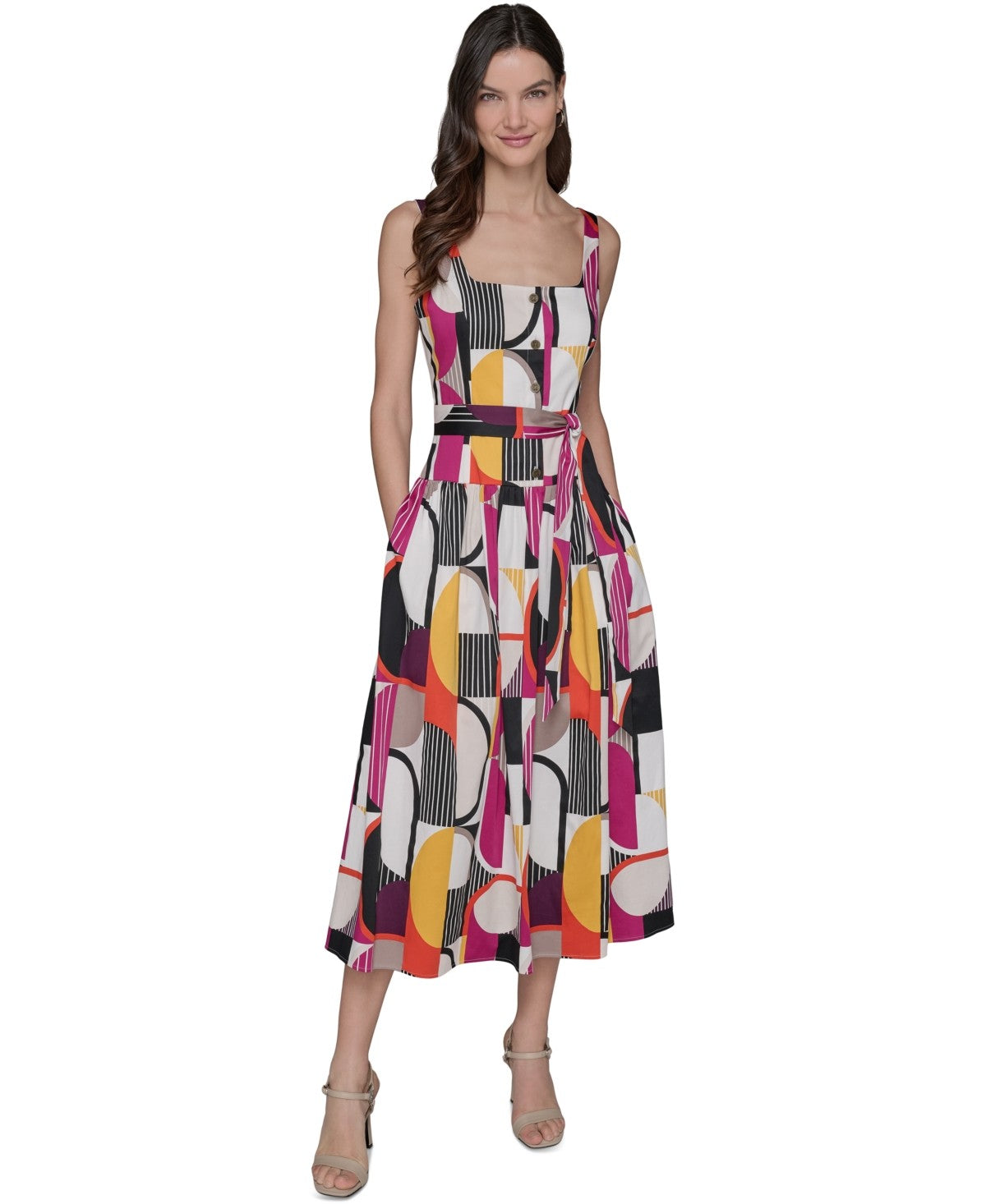 Karl Lagerfeld Paris Women's Geo-Print MIDI Dress - Cream/wine Multi