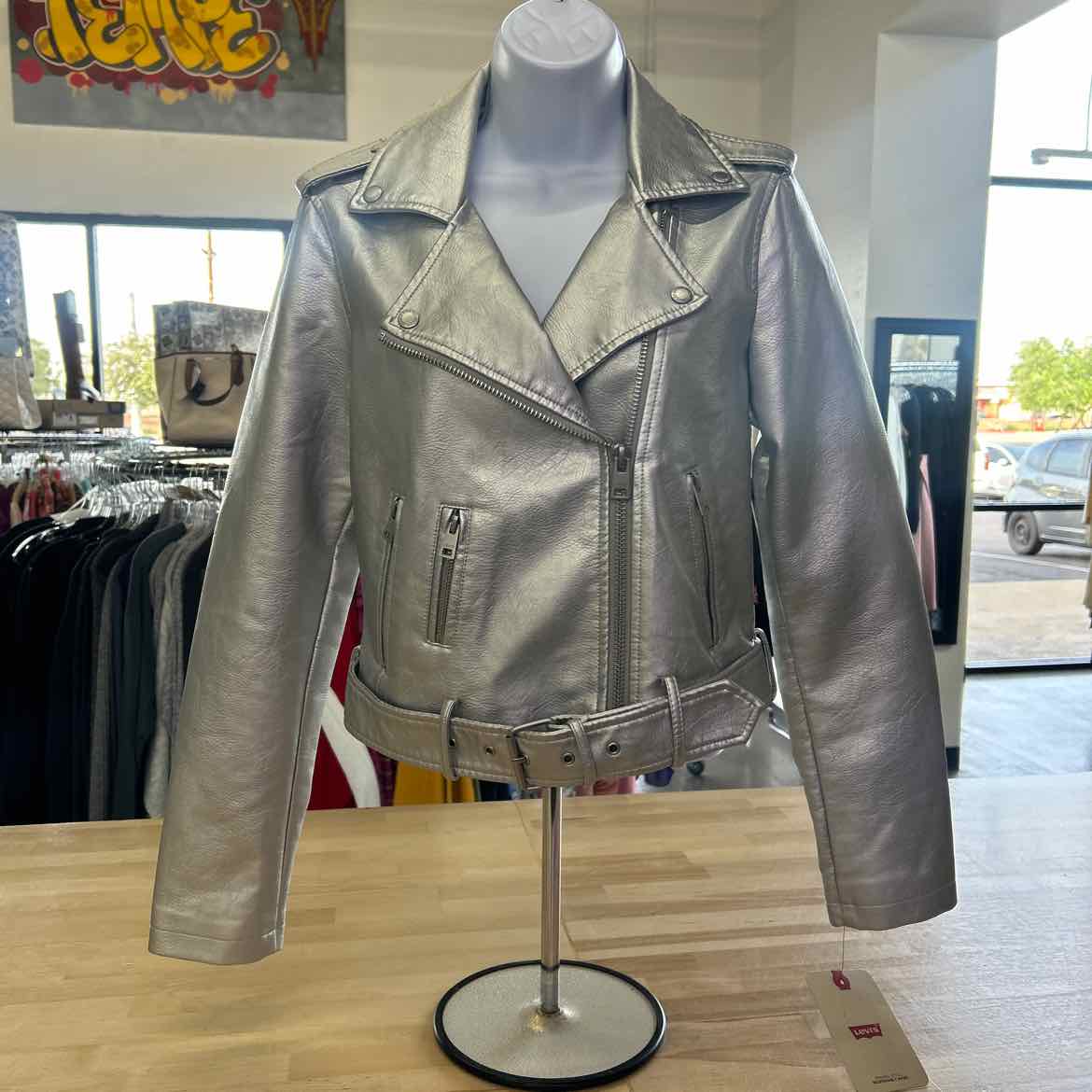 Levi's Women's Faux-Leather Belted Hem Moto Jacket - Silver XS