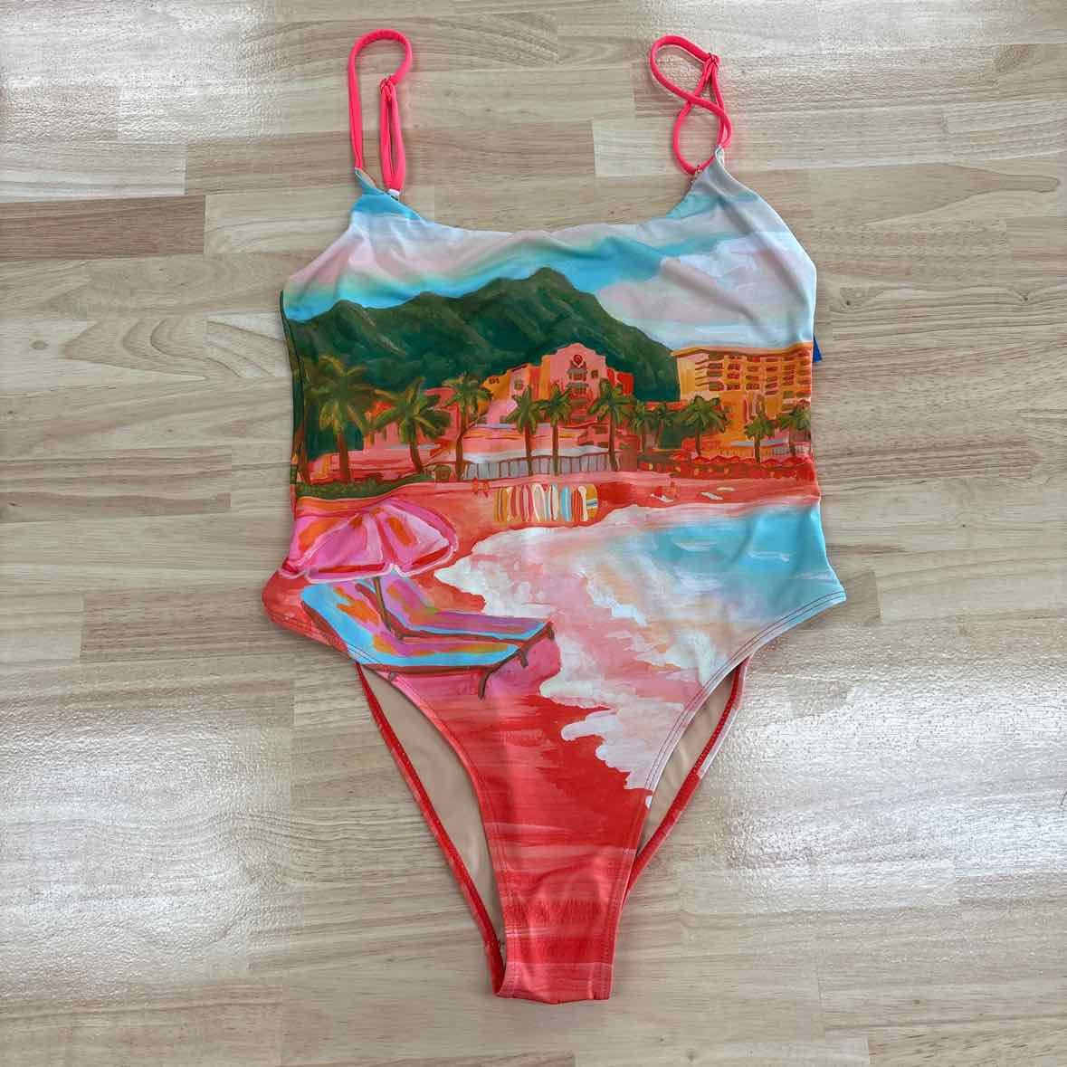 Cotton on Women's Thin-Strap Low-Scoop One Piece Cheeky Swimsuit - Sunset Resort