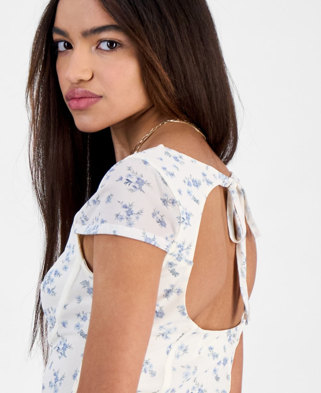 hippie rose Size L Corset Short-Sleeve Mesh Top - White Floral