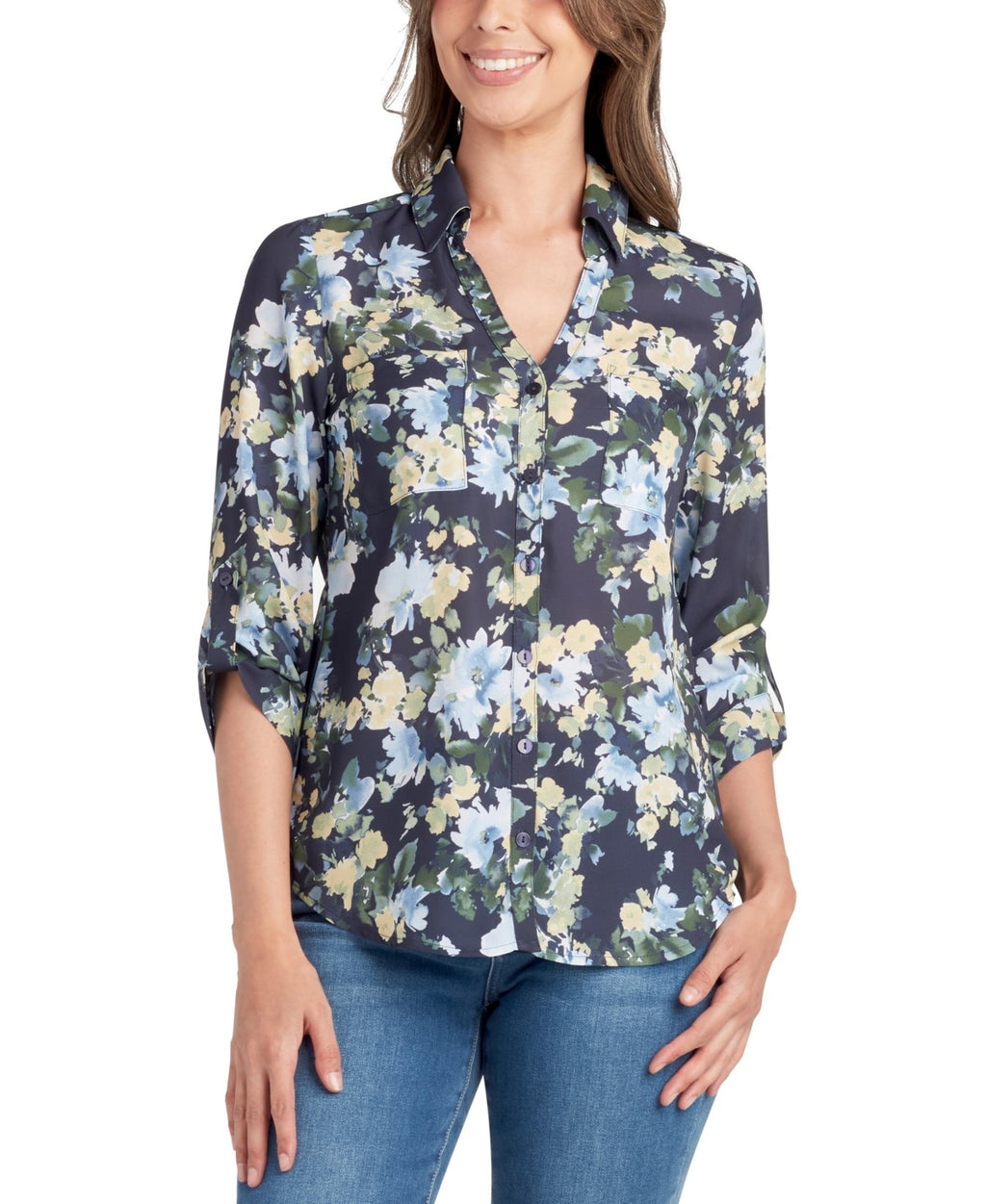 BCX Size XS Floral-Print Roll-Tab-Sleeve Collar Top