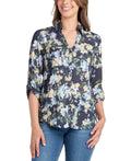 BCX Size XS Floral-Print Roll-Tab-Sleeve Collar Top