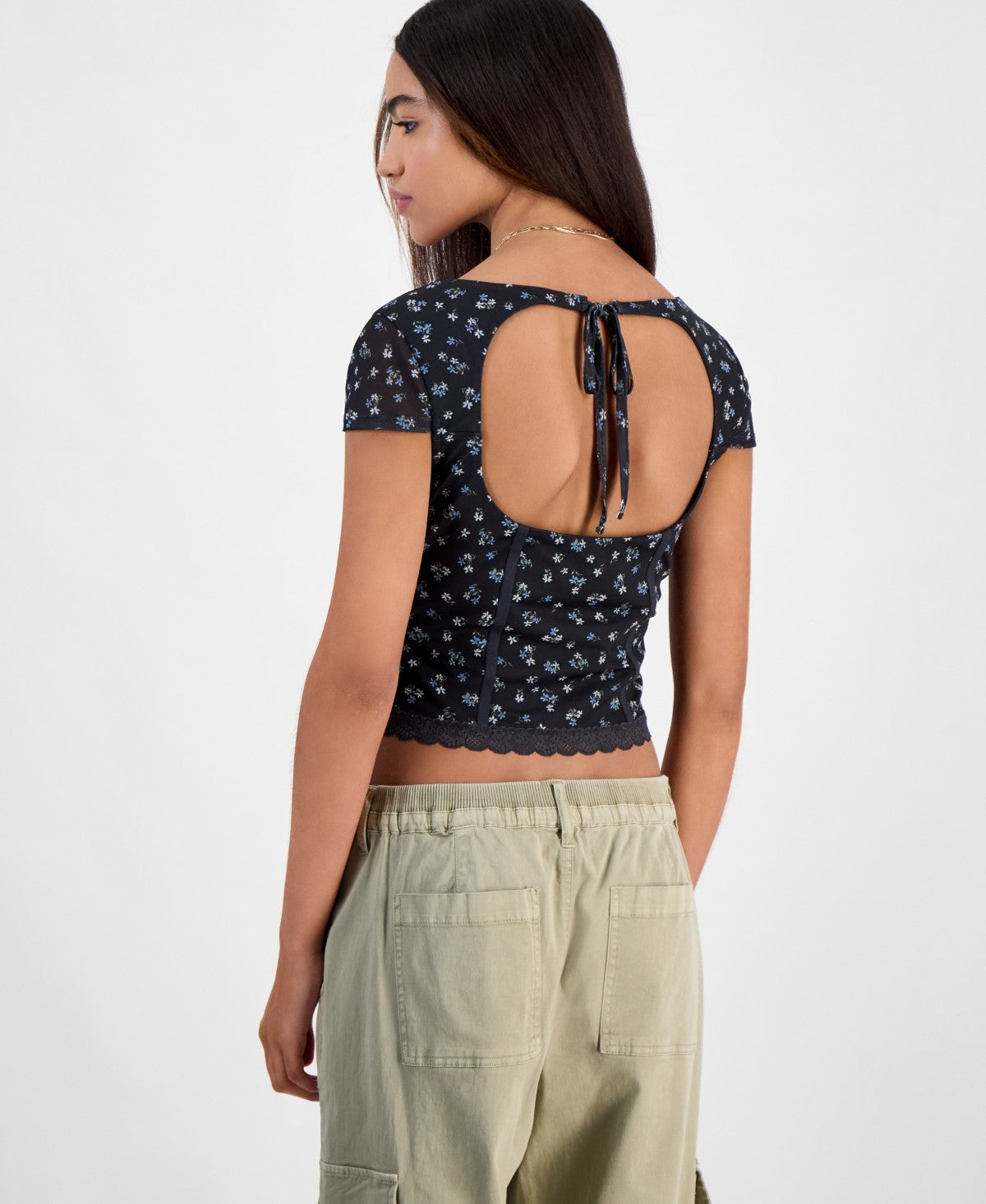 Hippie Rose Juniors' Corset Short-Sleeve Mesh Top - Black Ditsy