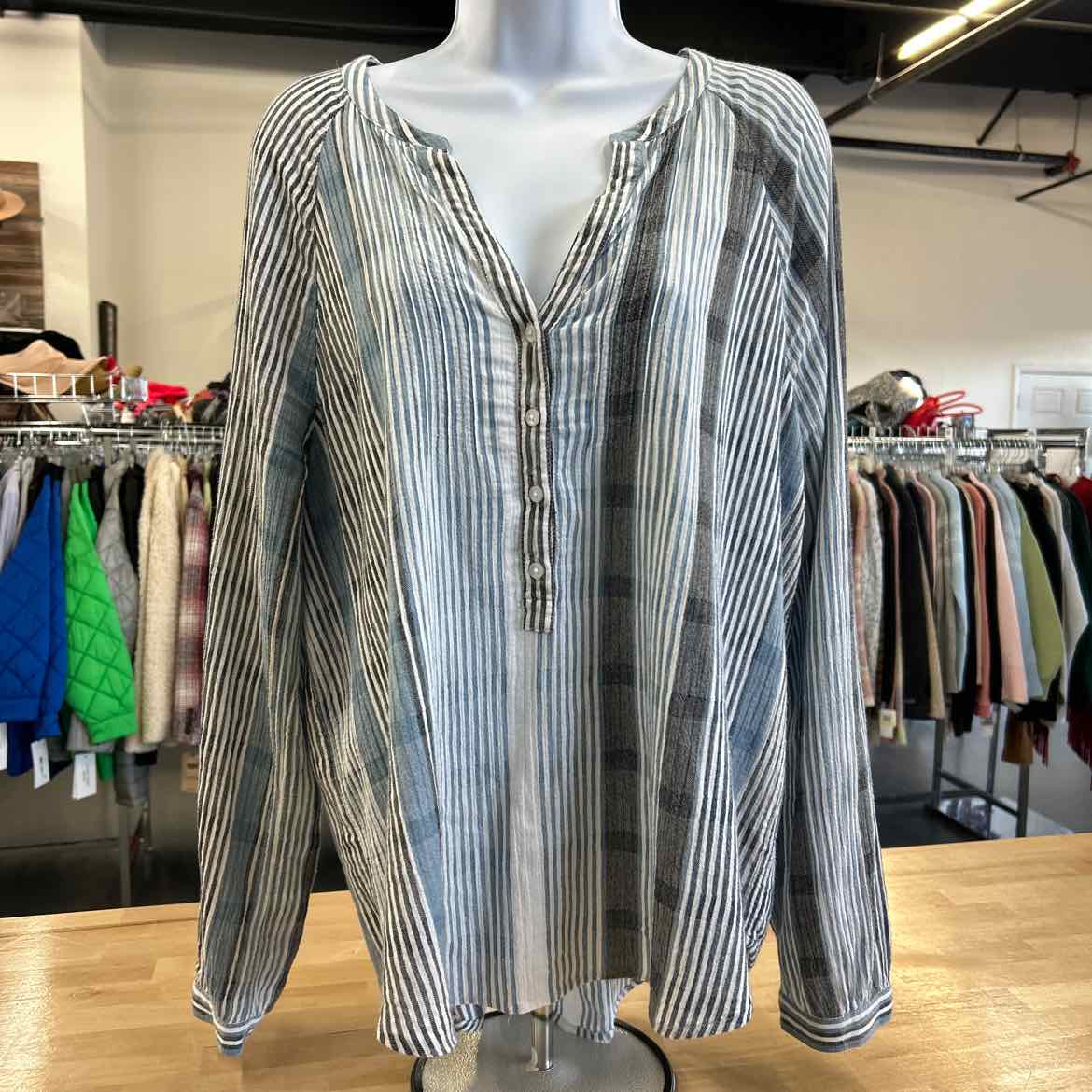 Lucky Brand Size L Blue White Blouse