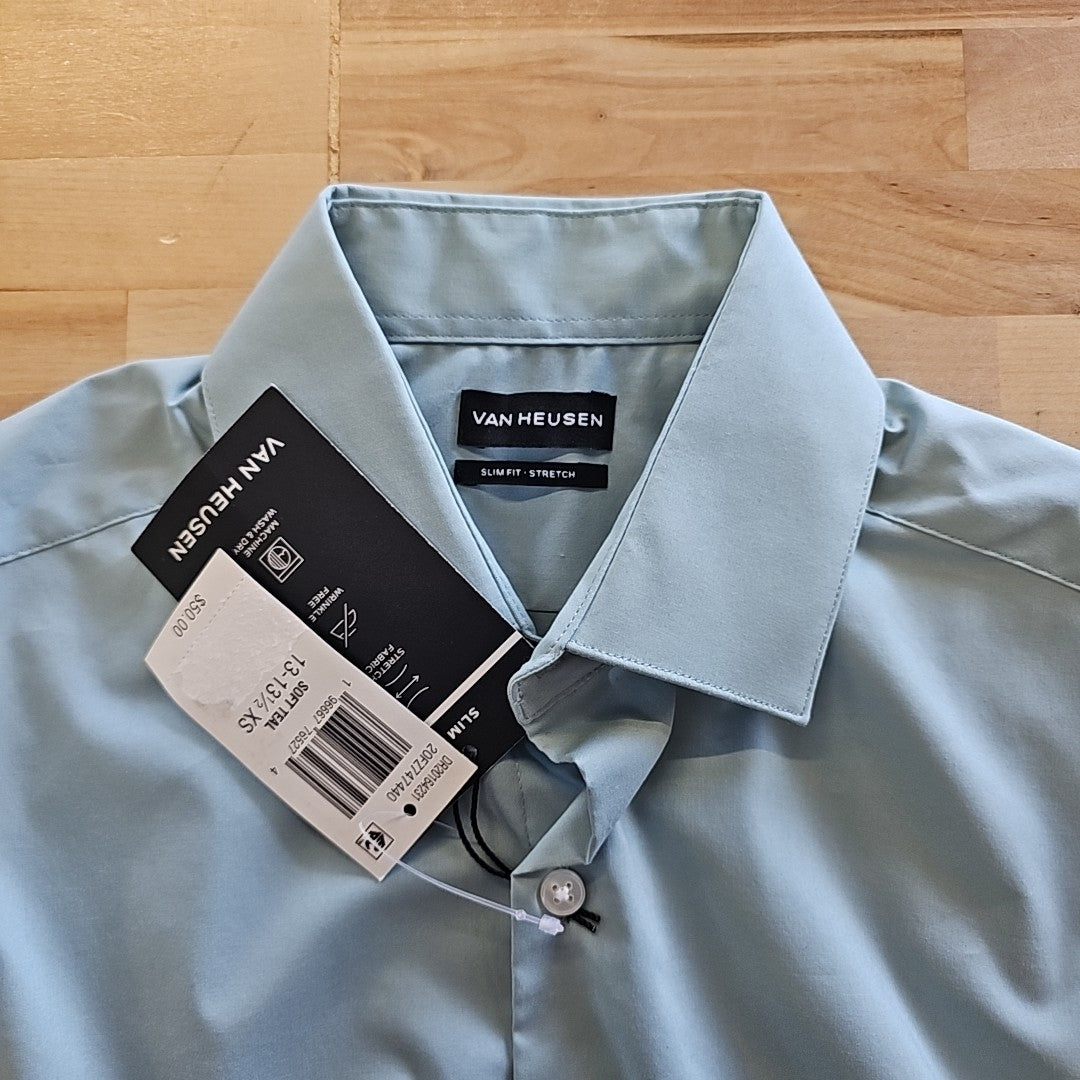 Van Huesen Men's Size XS Soft Teal Green Flex Collar Slim Fit Dress Shirt