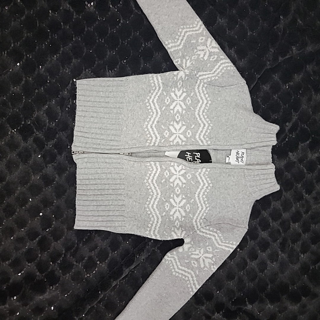Planet Heart Size XS Juniors' Fair Isle Zip-Front Sweater - Light Heather Grey