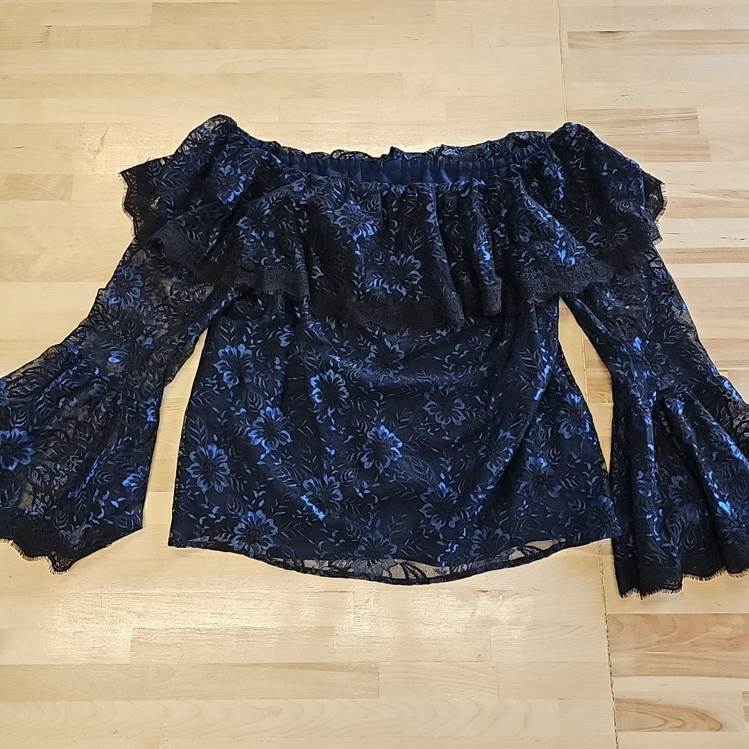 WHBM Size 14 Blue Black Hannie Lace OTS Blouse