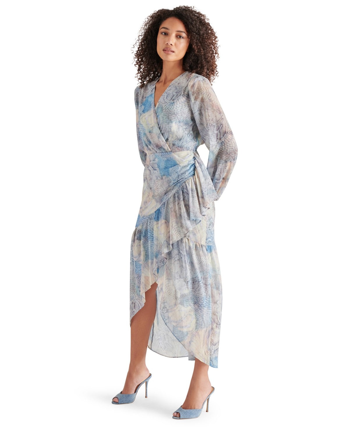 Steve Madden Size L Renata Printed Faux-Wrap MIDI Dress - Multi