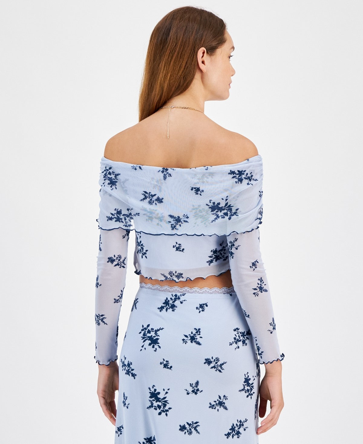 Tinseltown Juniors' Off-the-Shoulder Cropped Mesh Long Sleeve - Light Blue Flora