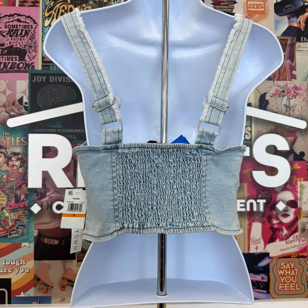TINSELTOWN Size S Fray-Trimmed Cropped Denim Corset-Style Top - Light Wash