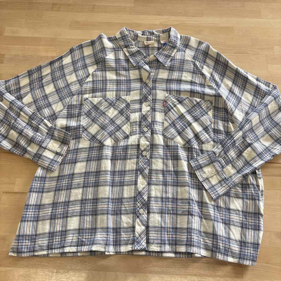 Levi's Size XL Pink Blue Button Down Harrison Raglan Shirt- Clayton Plaid Indigo