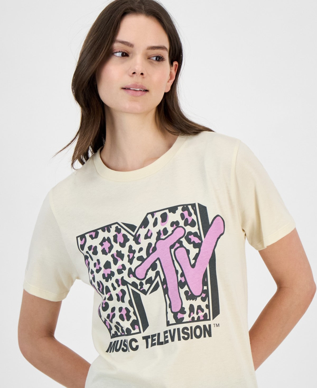 MTV Size XS Leopard Mtv Graphic Print T-Shirt - Beige